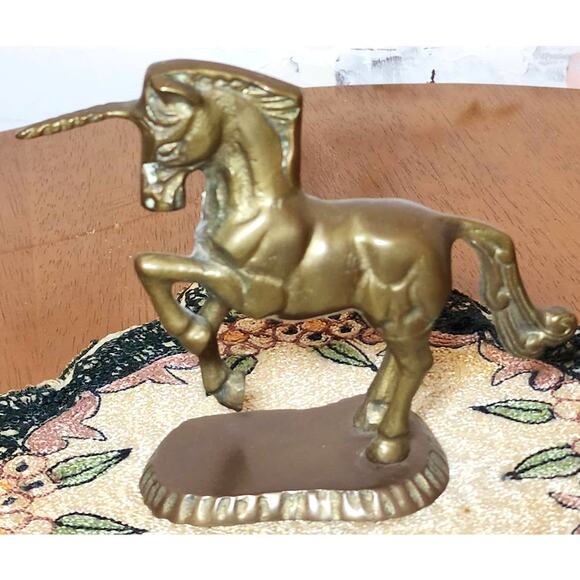 Elegant Brass Unicorn Figurine - Mid-Century Prancing Horse Art Piece on Stand - Picture 6 of 7